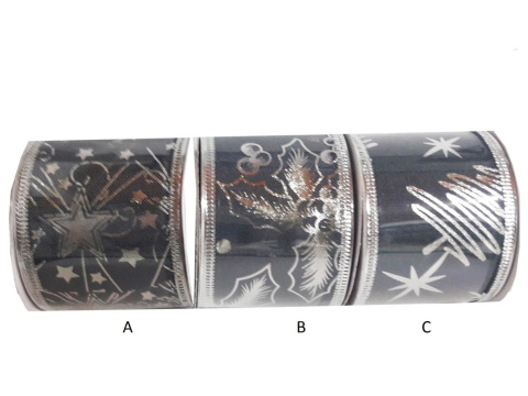 Taśma kokardowa grafitowa 5,5*2,7m w srebrne wzory (NM772-25) zb.16 Taśma kokardowa grafitowa 5,5*2,7m w srebrne wzory (NM772-25) zb.16