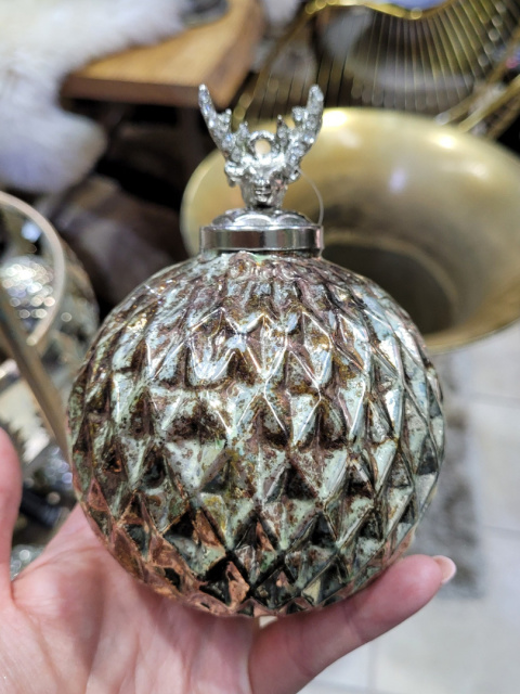 Bombka szkl. 10cm złota przecierana z głową renifera (IP0447) h:13x10cm-20% Bombka szkl. 10cm złota przecierana z głową renifera (IP0447) h:13x10cm-20%