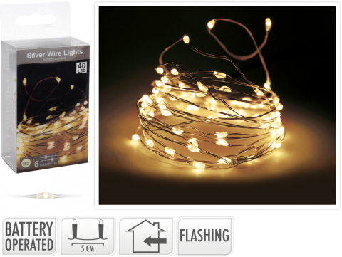 Wire lights 40LED warm white flash 195cm, battery operated 2*AA (AX8702410)