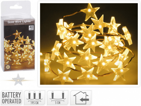 Lampki na druciku 40LED gwiazdki białe ciepłe 195cm na baterie (AX9731310) bat.3xAA Lampki na druciku 40LED gwiazdki białe ciepłe 195cm na baterie (AX9731310) bat.3xAA