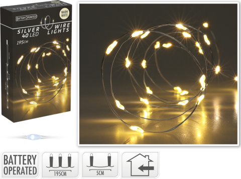 Lampki na druciku 40LED ciepłe 195cm na baterie (AX9731420) Lampki na druciku 40LED ciepłe 195cm na baterie (AX9731420)