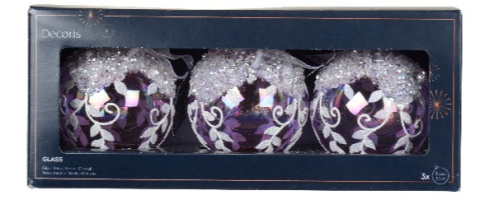 Kpl. 3 bombek szklanych fi 8cm ornament transparentny fiolet (070849) Kpl. 3 bombek szklanych fi 8cm ornament transparentny fiolet (070849)