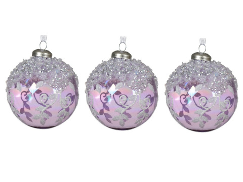 Kpl. 3 bombek szklanych fi 8cm ornament transparentny fiolet (070849) Kpl. 3 bombek szklanych fi 8cm ornament transparentny fiolet (070849)
