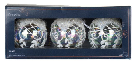 Kpl. 3 bombek szklanych fi 8cm ornament z kryształkami kratka (070849) Kpl. 3 bombek szklanych fi 8cm ornament z kryształkami kratka (070849)