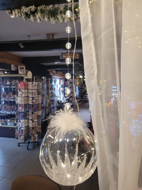 Kula szklana LED 15cm z piórkami ciepła sznur akrylowe kulki (MK0978) Kula szklana LED 15cm z piórkami ciepła sznur akrylowe kulki (MK0978)