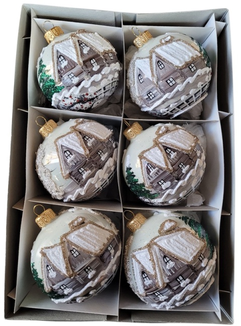 Baubles 80 decorated landscape pack of 6: WINTER VILLAGE white opal Baubles 80 decorated landscape pack of 6: WINTER VILLAGE white opal