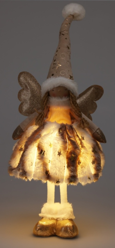 Aniołek stojący 50cm beżowe futerko w gwiazdki LED (AMA000530)
