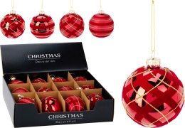 Bombka szklana 8cm błysk czerwony welur paski (512271)