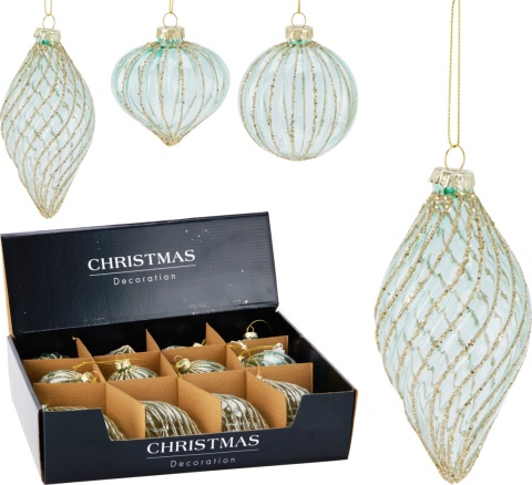 Glass bauble 8cm corrugated transparent green (518342)