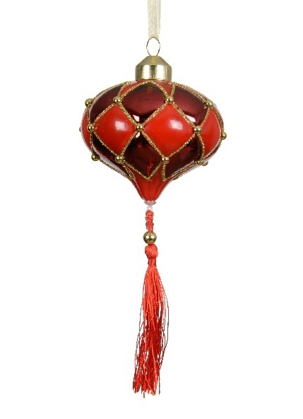Bombka szklana bączek romby czerwony- bordo z chwostem (071001)