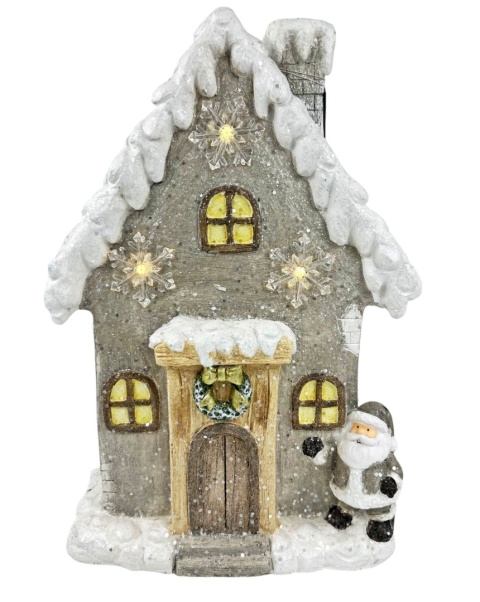 Domek ceramiczny z Mikołajem i gwiazdkami LED (RF0369)