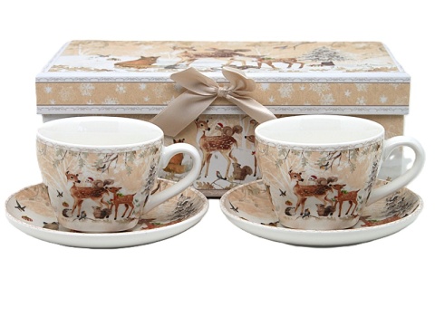 Set of 2 ceramic cups and saucers "forest animals" (PG-19710) in a decorative box Set of 2 ceramic cups and saucers "forest animals" (PG-19710) in a decorative box
