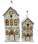 Set of 2 wooden house lanterns, polished, LED (JK0375) Set of 2 wooden house lanterns, polished, LED (JK0375)