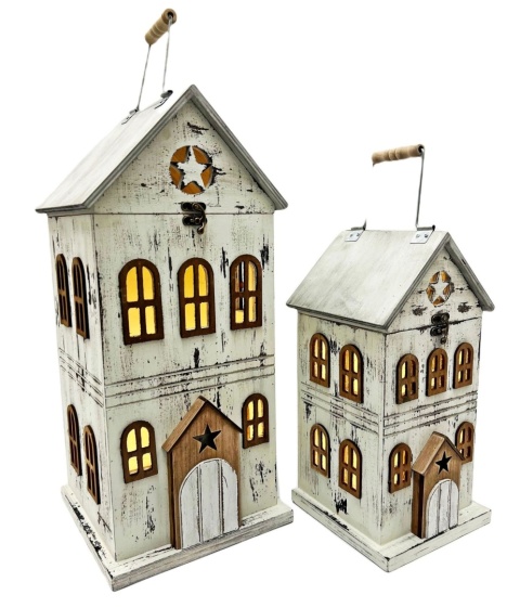 Set of 2 wooden house lanterns, polished, LED (JK0375) Set of 2 wooden house lanterns, polished, LED (JK0375)