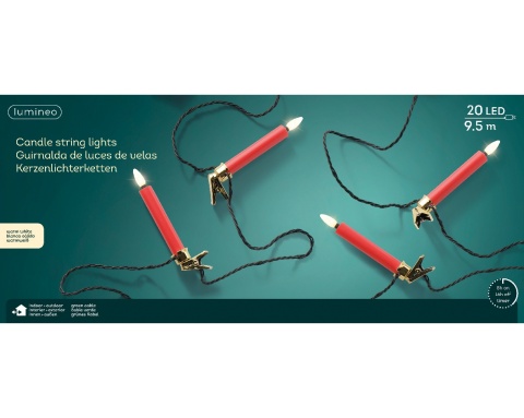 Świeczki czerwone 20LED ciepłe na klipsie dł.9,5m timer wew/zew (492880)