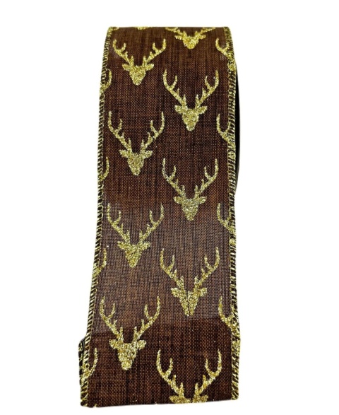 Brown glitter ribbon on a spool with reindeer (RF0542)
