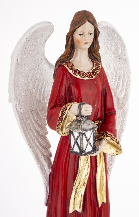 Angel 38cm with a lantern in a red dress, polyresin (181039)
