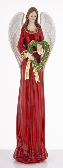 Anioł 38cm z wieńcem czerwona sukienka poliresing (181038)