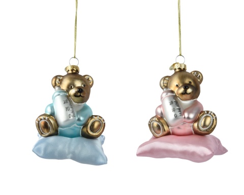Glass bauble: Teddy bear on a blue pillow (121831)