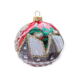 Bombki 100 dekorowane pejzaż op.4szt.: ZIMOWA WIOSKA czerwony opal