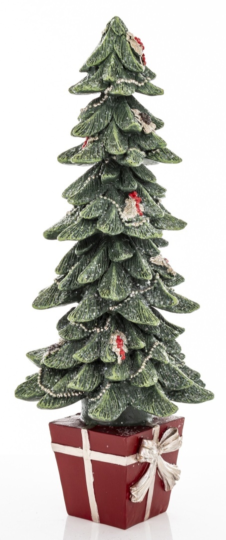 Christmas tree 32cm with decorations on a package, large, polyresin (172547)