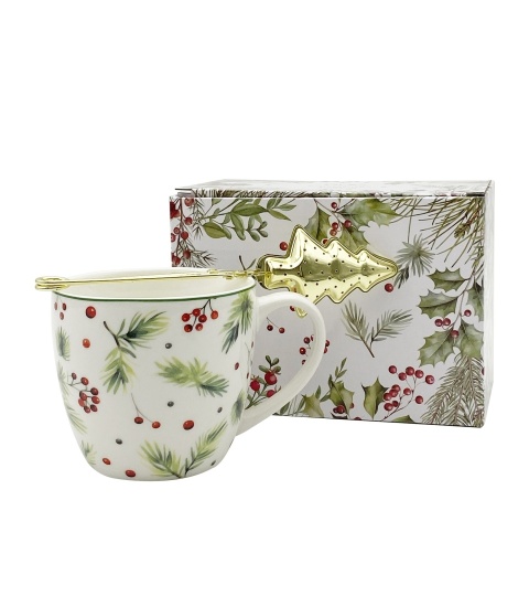 Kubek porcelana 460ml z metalowym zaparzaczem Christmas Leaves ozdobne pudełko Kubek porcelana 460ml z metalowym zaparzaczem Christmas Leaves ozdobne pudełko