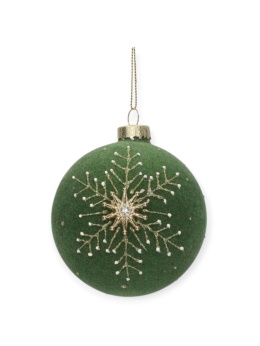 Bombka szkl. 8cm flok butelkowa zieleń śnieżynka z kamieniami (TG79771)