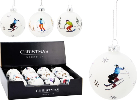 Glass bauble 8cm white matt skiers with snowflakes (518797)