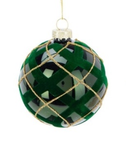 Bombka szklana 8cm błysk zielony welur kratka (512270)
