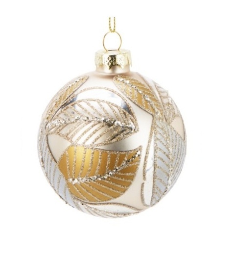 Bombka szklana 8cm cappuccino mat złote liście brokatowe (518801)