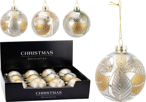 Bombka szklana 8cm cappuccino mat złote liście brokatowe (518801)