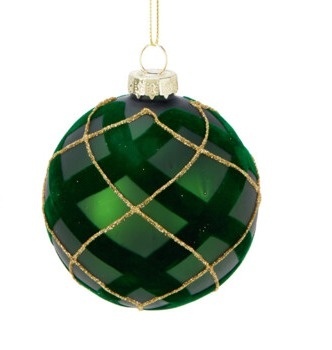 Glass bauble 8cm matt green velvet checkered (512270)