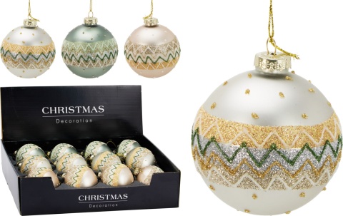Glass bauble 8cm matte green glitter pattern (523381)