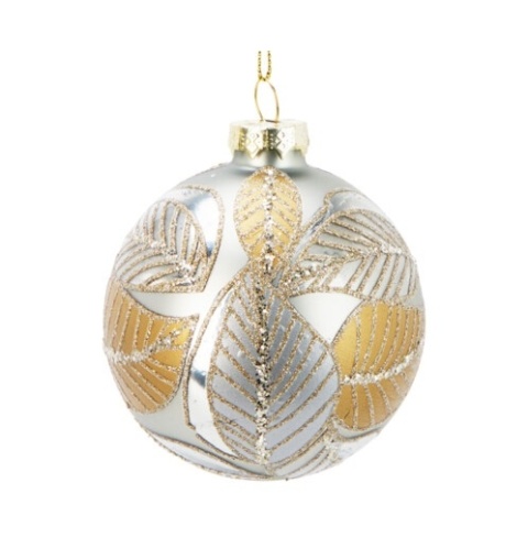 Bombka szklana 8cm szary mat złote liście brokatowe (518801)
