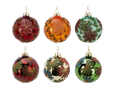 Glass bauble 8cm green glitter painted petals (523386)