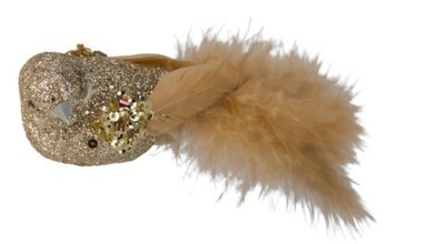 Set of 2 champagne brocade birds with feather tails (510903)