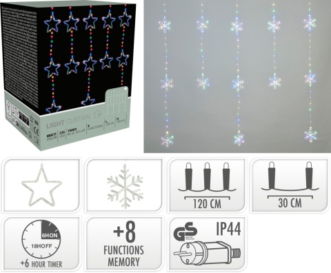 Kurtynka 232LED kolorowa 120x120cm ze śnieżynkami 8f. timer (AVX100670) drucik