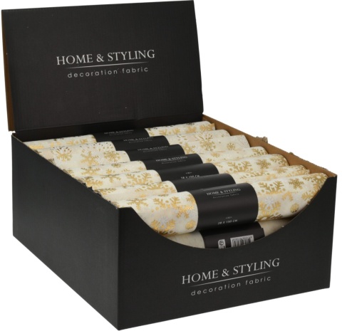 Materiał dekoracyjny ecru złote śnieżynki (516628)