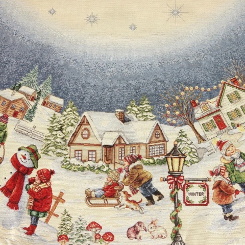 Obrus gobelinowy okrągły Eden fi140cm Zabawa dzieci na śniegu (SW