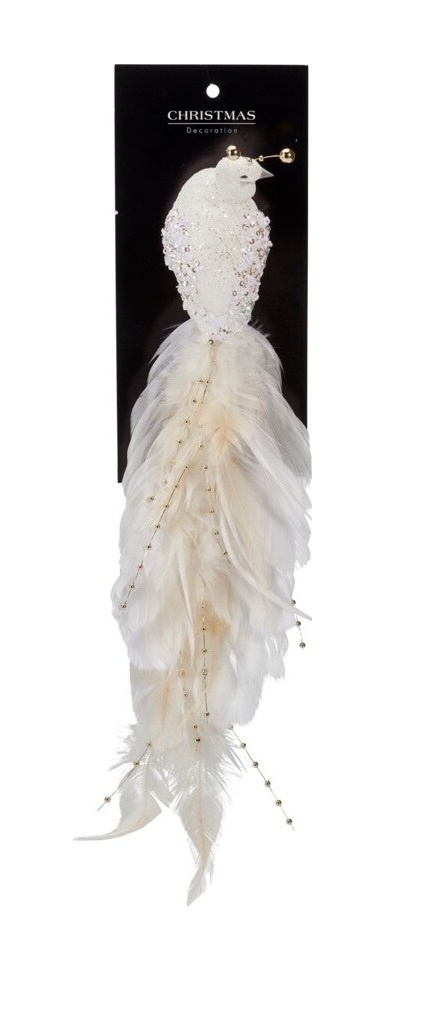 Paw na klipsie 32cm biały z piórami i brokatem (521209)
