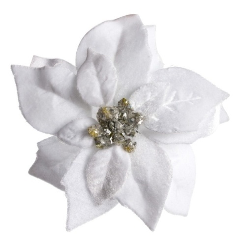 White velvet poinsettia, 17cm diameter, on a clip (WYR03808)