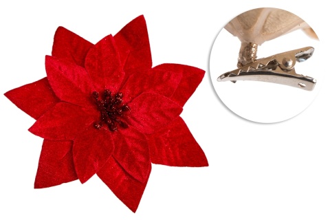 Red velvet poinsettia, 16cm diameter, on a clip (PON00678)
